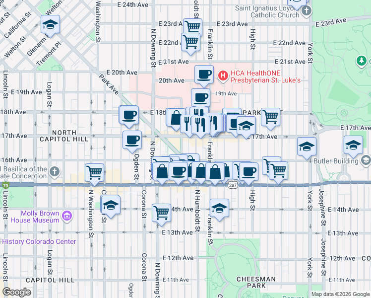 map of restaurants, bars, coffee shops, grocery stores, and more near in Denver