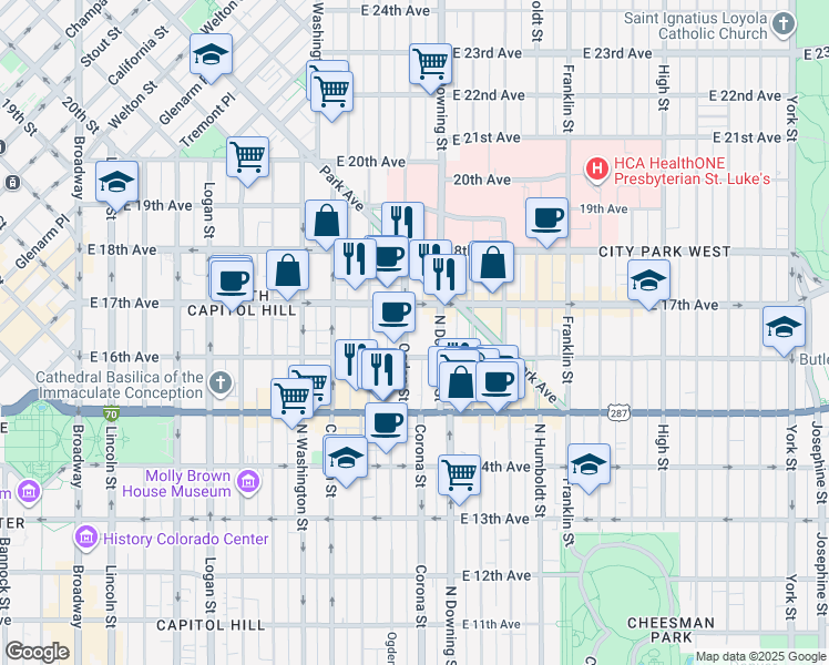 map of restaurants, bars, coffee shops, grocery stores, and more near 1642 North Ogden Street in Denver