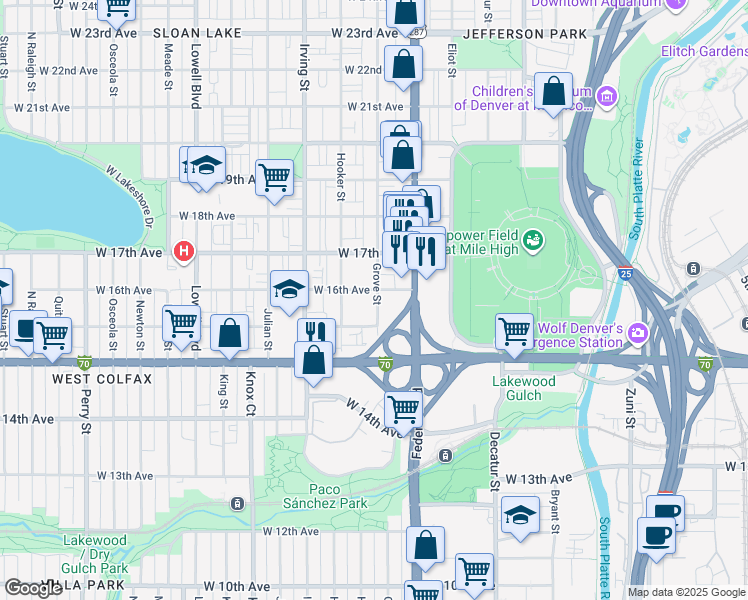 map of restaurants, bars, coffee shops, grocery stores, and more near 1593 Grove Street in Denver