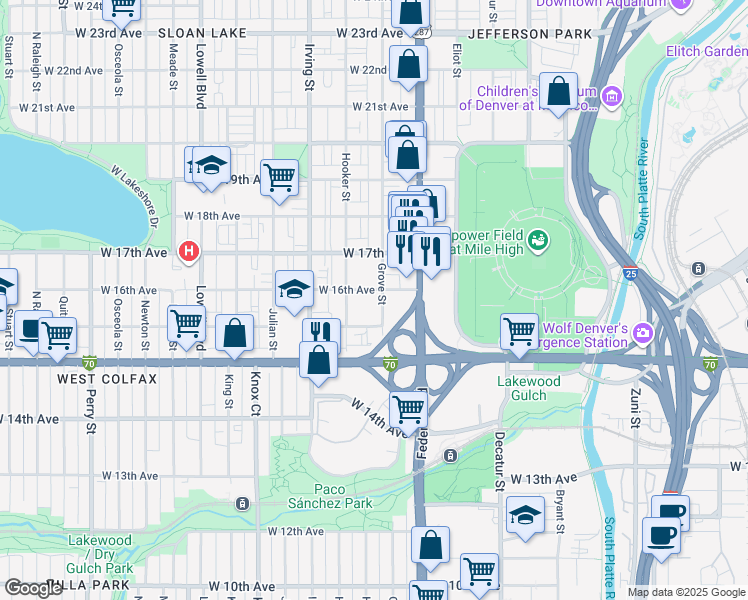 map of restaurants, bars, coffee shops, grocery stores, and more near 1593 Grove Street in Denver