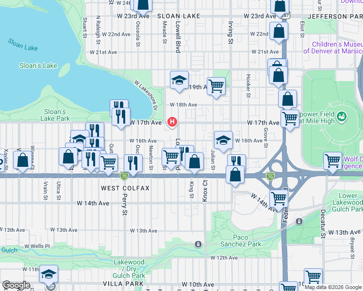 map of restaurants, bars, coffee shops, grocery stores, and more near 1596 Lowell Boulevard in Denver