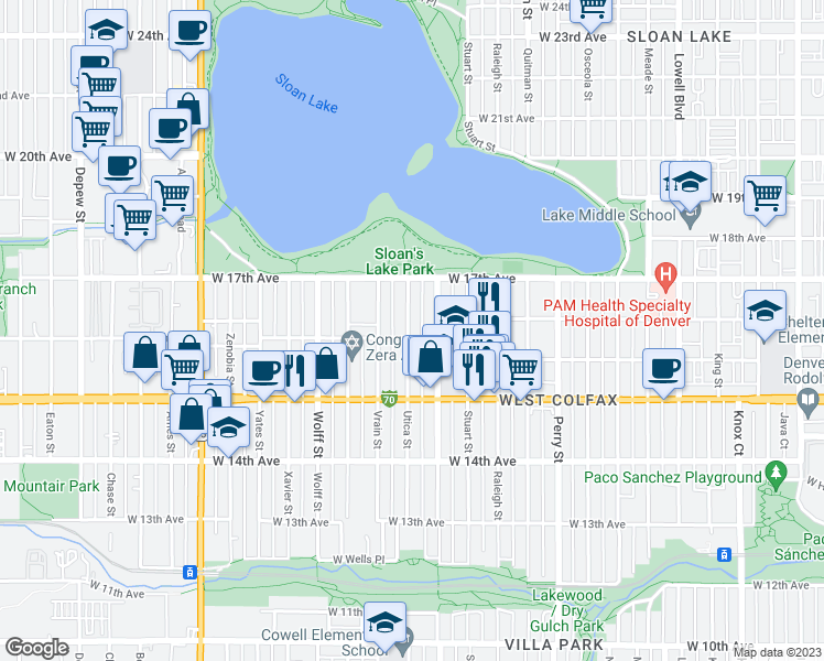 map of restaurants, bars, coffee shops, grocery stores, and more near 1616 Utica Street in Denver