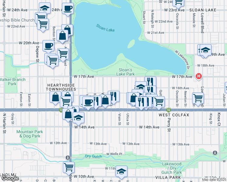 map of restaurants, bars, coffee shops, grocery stores, and more near 1603 Vrain Street in Denver