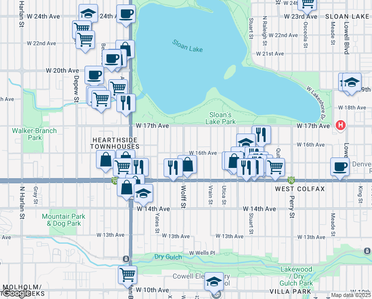 map of restaurants, bars, coffee shops, grocery stores, and more near 1605 Winona Court in Denver