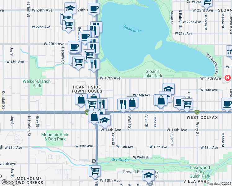 map of restaurants, bars, coffee shops, grocery stores, and more near 1625 Yates Street in Denver