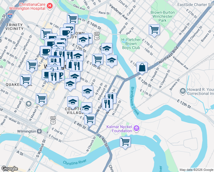 map of restaurants, bars, coffee shops, grocery stores, and more near 927 Kirkwood Street in Wilmington