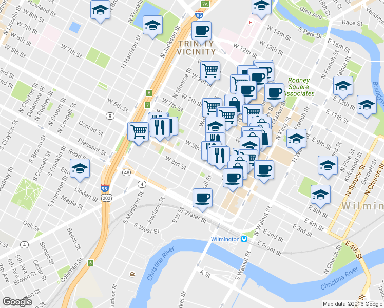 map of restaurants, bars, coffee shops, grocery stores, and more near 411 Washington Street in Wilmington