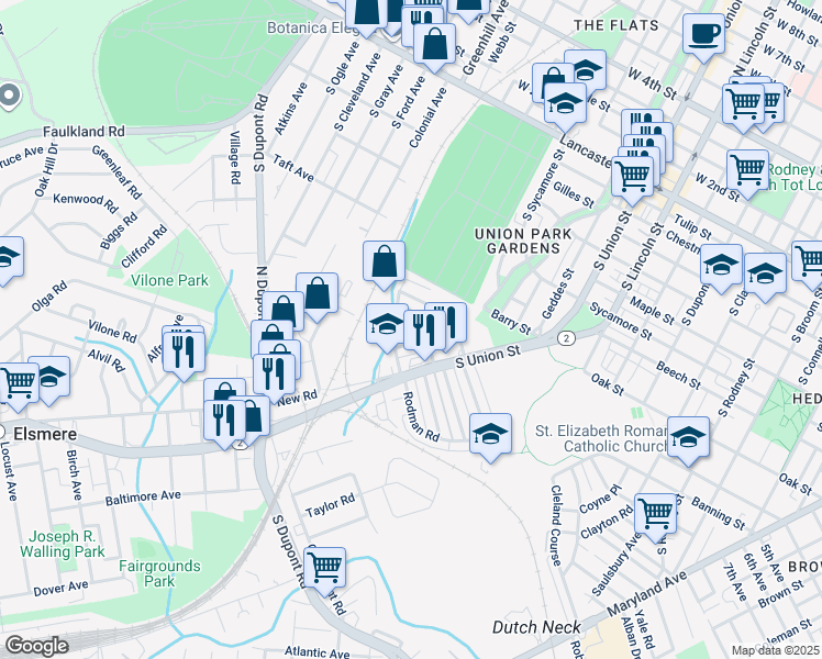 map of restaurants, bars, coffee shops, grocery stores, and more near 2108 Seneca Road in Wilmington