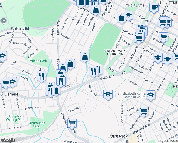 map of restaurants, bars, coffee shops, grocery stores, and more near 2106 Seneca Road in Wilmington