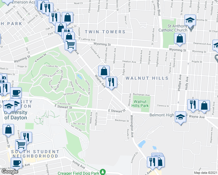 map of restaurants, bars, coffee shops, grocery stores, and more near 2000 Wayne Avenue in Dayton