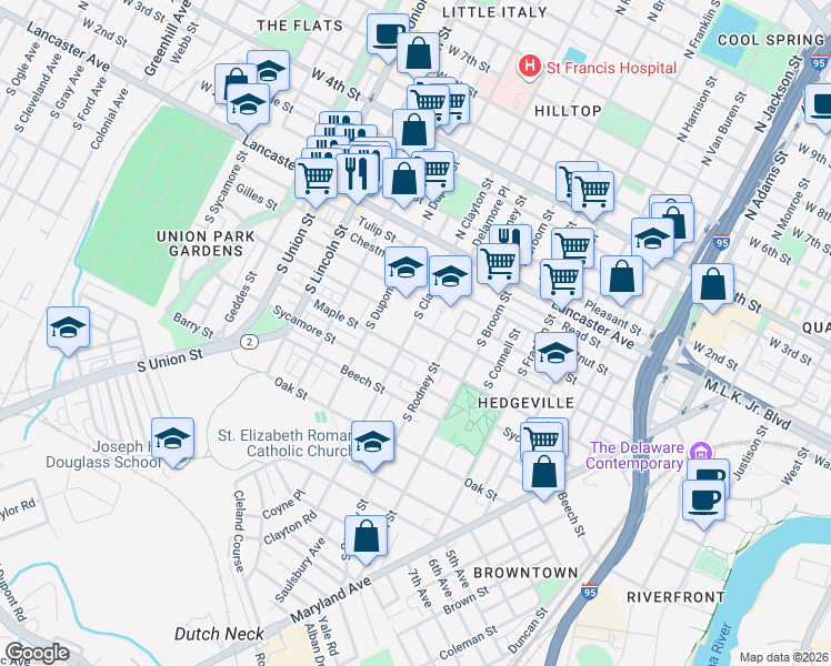 map of restaurants, bars, coffee shops, grocery stores, and more near 404 South Clayton Street in Wilmington