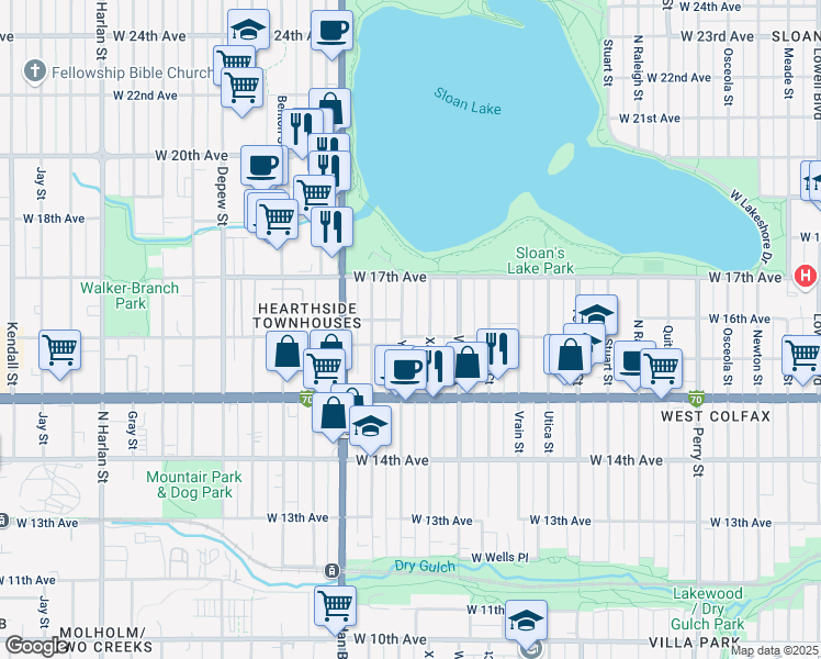 map of restaurants, bars, coffee shops, grocery stores, and more near 1625 Yates Street in Denver