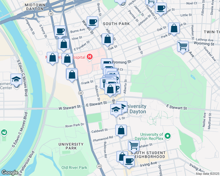 map of restaurants, bars, coffee shops, grocery stores, and more near 1141 Brown Street in Dayton