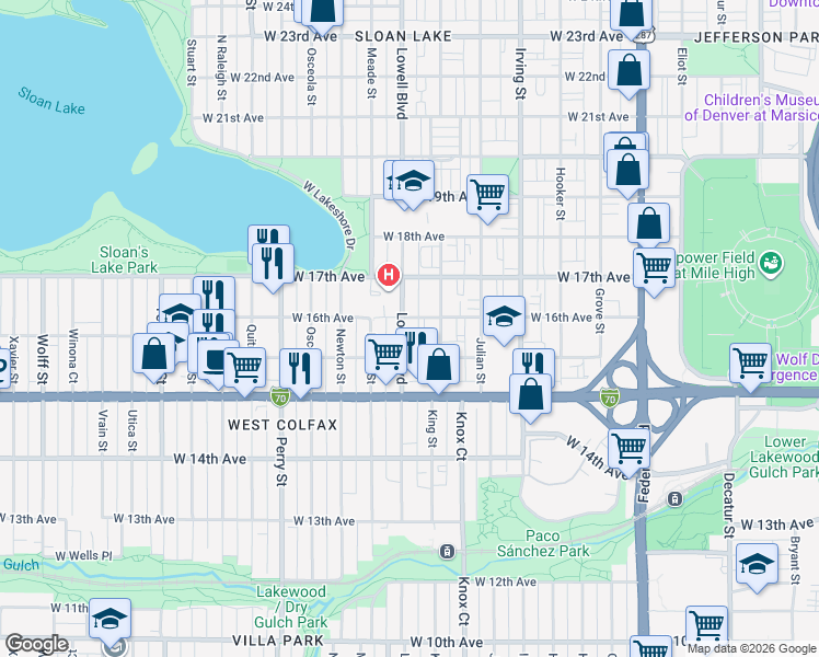 map of restaurants, bars, coffee shops, grocery stores, and more near 1596 Lowell Boulevard in Denver