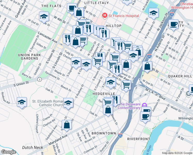 map of restaurants, bars, coffee shops, grocery stores, and more near 215 South Broom Street in Wilmington