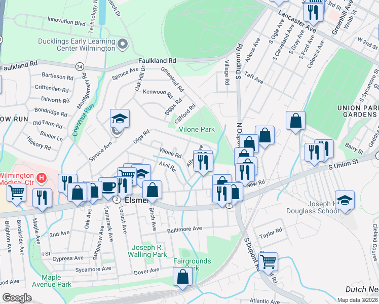 map of restaurants, bars, coffee shops, grocery stores, and more near 4 Marvilo Ave in Wilmington
