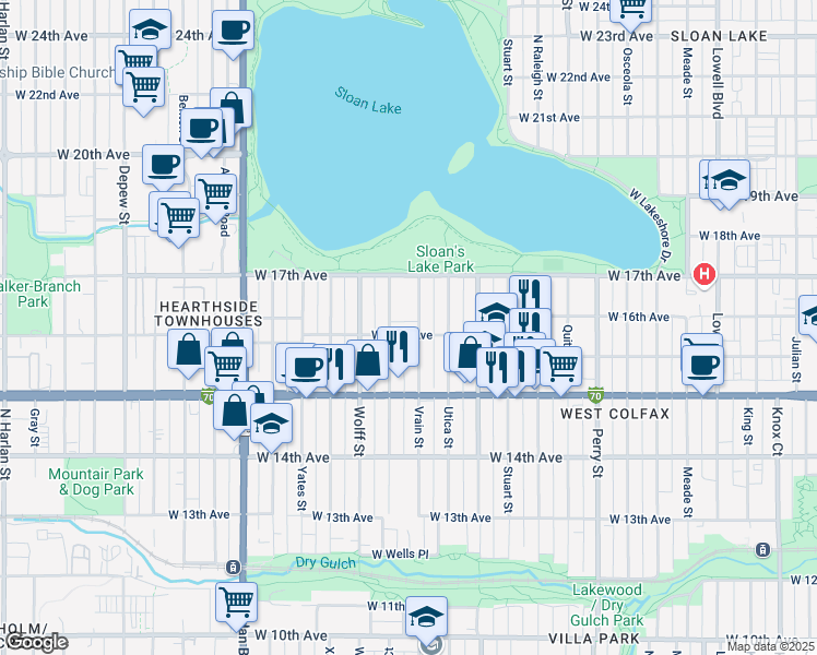 map of restaurants, bars, coffee shops, grocery stores, and more near 1601 Vrain Street in Denver
