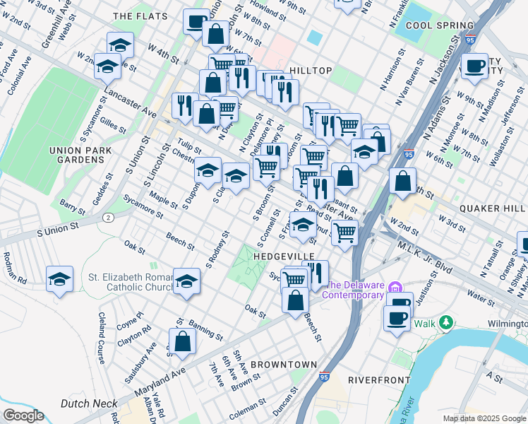 map of restaurants, bars, coffee shops, grocery stores, and more near 216 South Broom Street in Wilmington