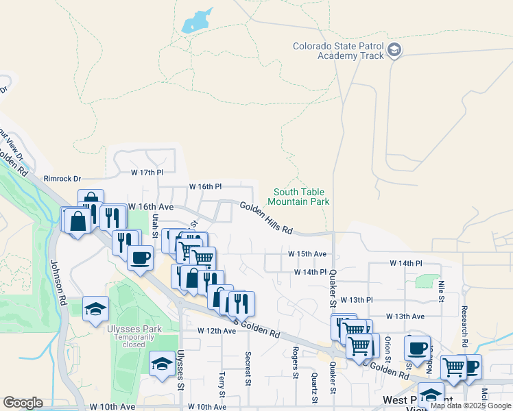 map of restaurants, bars, coffee shops, grocery stores, and more near 16745 Golden Hills Road in Golden