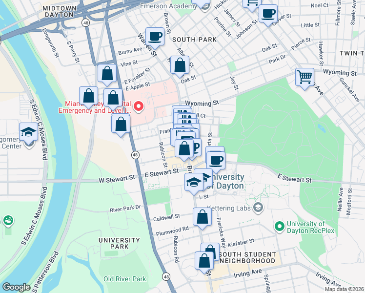 map of restaurants, bars, coffee shops, grocery stores, and more near 1141 Brown Street in Dayton