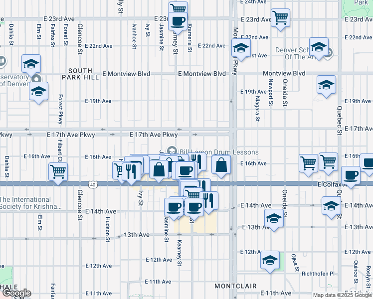 map of restaurants, bars, coffee shops, grocery stores, and more near 1624 Krameria Street in Denver