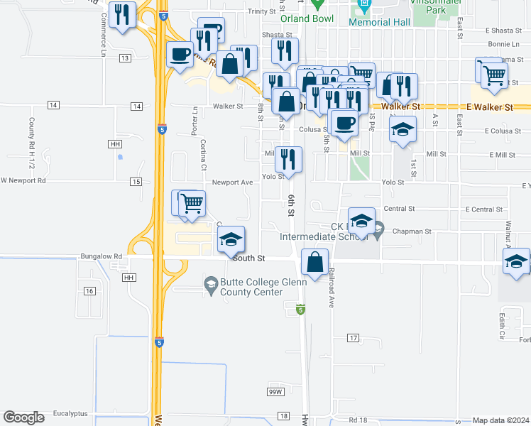 map of restaurants, bars, coffee shops, grocery stores, and more near 1117 8th Street in Orland