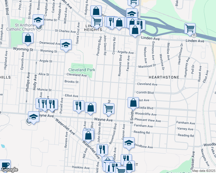 map of restaurants, bars, coffee shops, grocery stores, and more near 1715 Coventry Road in Dayton