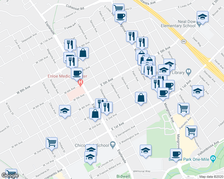 map of restaurants, bars, coffee shops, grocery stores, and more near 1407 Laburnum Avenue in Chico