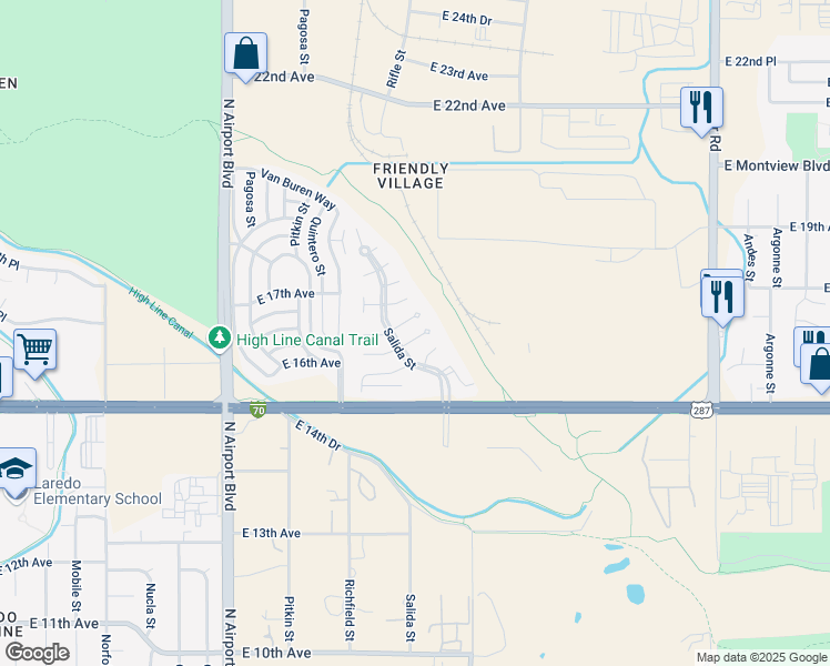 map of restaurants, bars, coffee shops, grocery stores, and more near 17547 East Batavia Place in Aurora