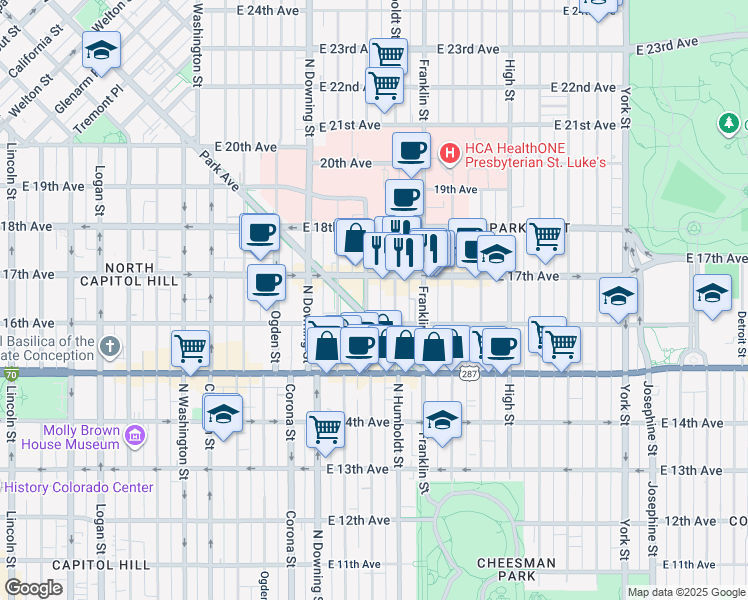 map of restaurants, bars, coffee shops, grocery stores, and more near in Denver