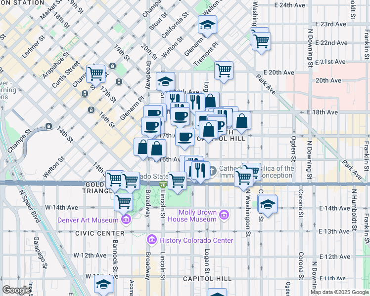 map of restaurants, bars, coffee shops, grocery stores, and more near 225 East 16th Avenue in Denver
