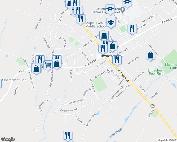 map of restaurants, bars, coffee shops, grocery stores, and more near 176 Charles Street in Littlestown