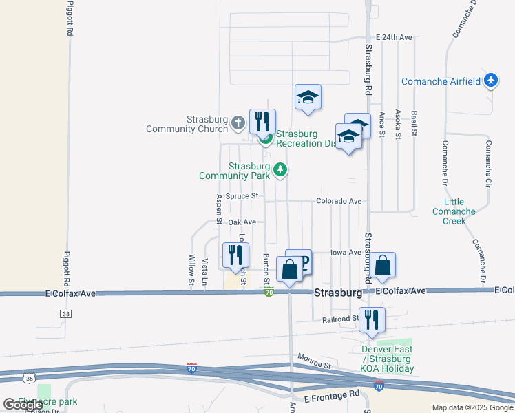 map of restaurants, bars, coffee shops, grocery stores, and more near 1763 Burton Street in Strasburg