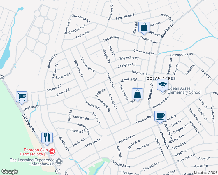 map of restaurants, bars, coffee shops, grocery stores, and more near 108 Gunwale Road in Stafford Township