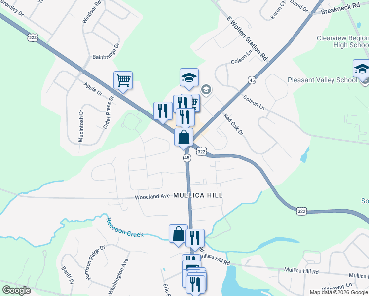 map of restaurants, bars, coffee shops, grocery stores, and more near 90 North Main Street in Mullica Hill