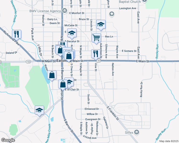 map of restaurants, bars, coffee shops, grocery stores, and more near 200 South Franklin Street in Eaton