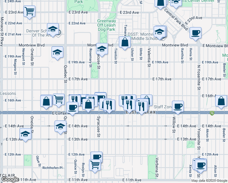 map of restaurants, bars, coffee shops, grocery stores, and more near 1621 Trenton Street in Denver