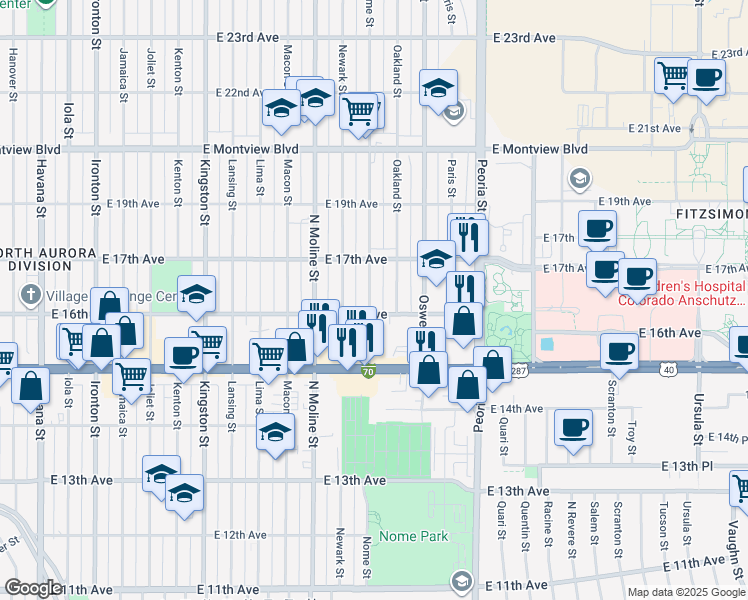 map of restaurants, bars, coffee shops, grocery stores, and more near 1620 Nome Street in Aurora