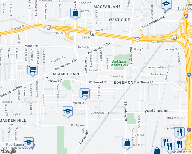 map of restaurants, bars, coffee shops, grocery stores, and more near 1023 South Euclid Avenue in Dayton