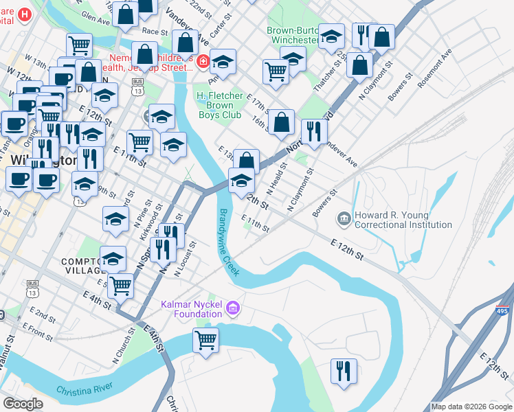 map of restaurants, bars, coffee shops, grocery stores, and more near 1012 East 12th Street in Wilmington