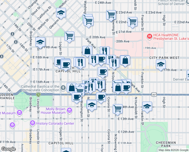 map of restaurants, bars, coffee shops, grocery stores, and more near 1631 Emerson Street in Denver
