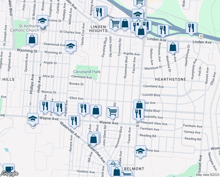 map of restaurants, bars, coffee shops, grocery stores, and more near 1715 Coventry Road in Dayton