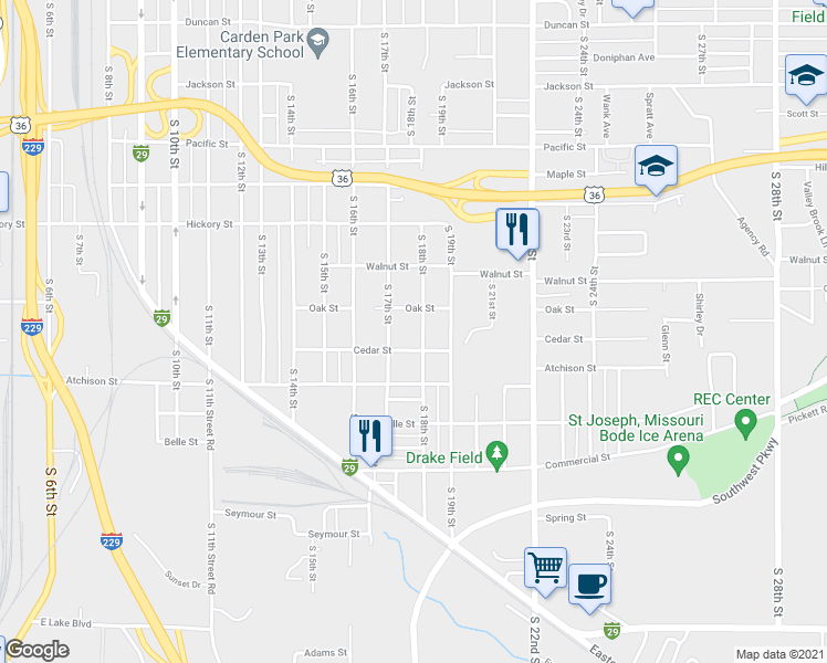 map of restaurants, bars, coffee shops, grocery stores, and more near 2518 South 18th Street in St. Joseph