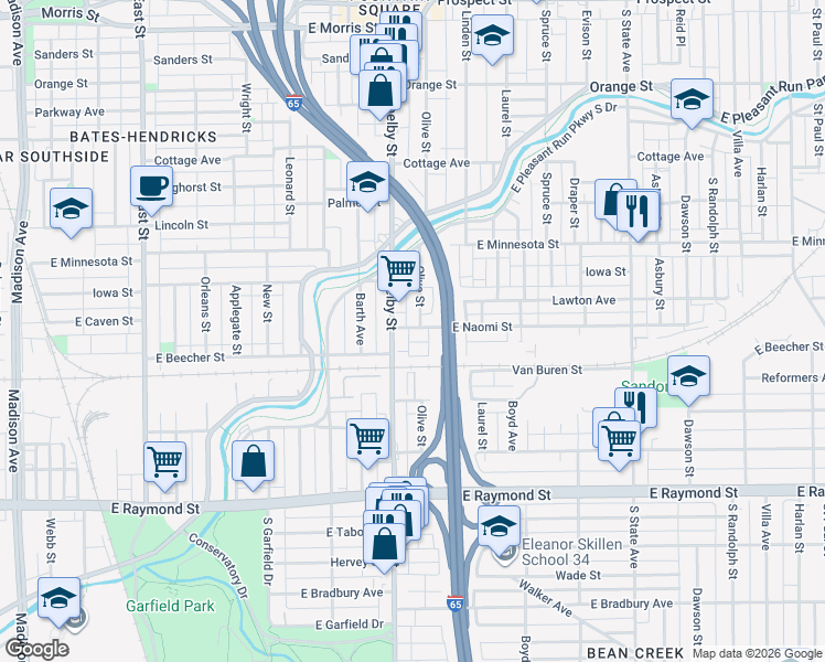 map of restaurants, bars, coffee shops, grocery stores, and more near 1119 East Naomi Street in Indianapolis