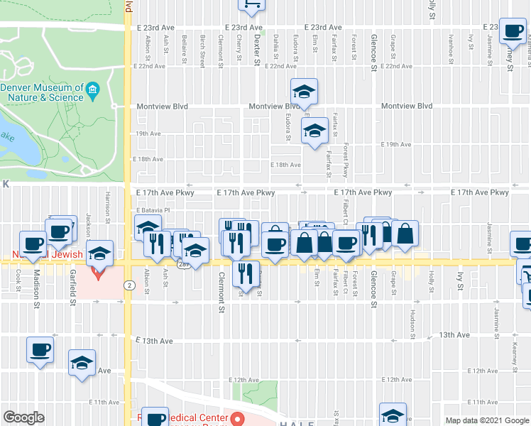 map of restaurants, bars, coffee shops, grocery stores, and more near 1649 Dahlia Street in Denver