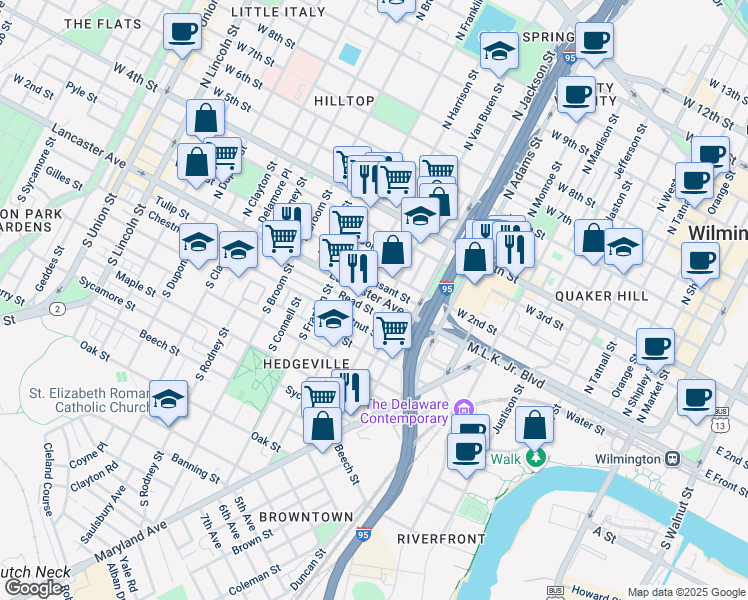 map of restaurants, bars, coffee shops, grocery stores, and more near 1116 Delaware 48 in Wilmington