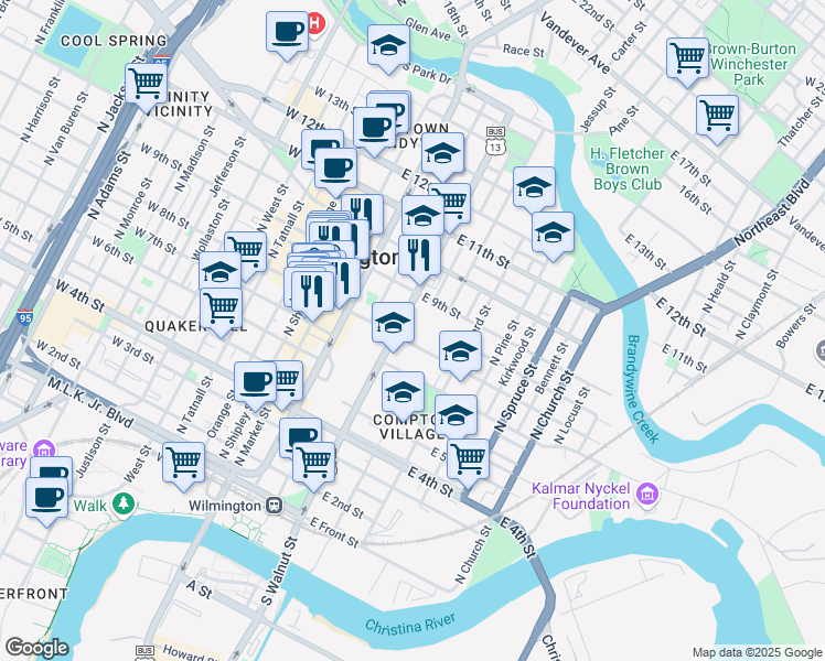 map of restaurants, bars, coffee shops, grocery stores, and more near 800 North Walnut Street in Wilmington