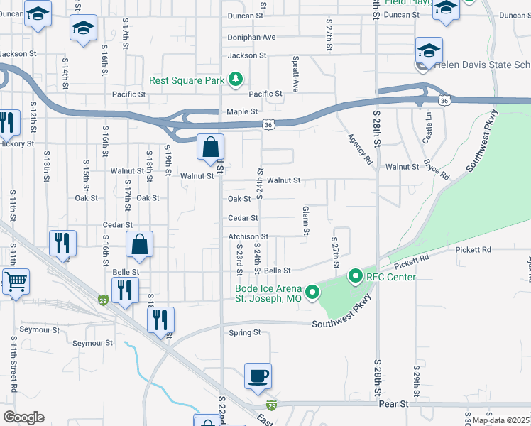 map of restaurants, bars, coffee shops, grocery stores, and more near 2403 Cedar Street in Saint Joseph