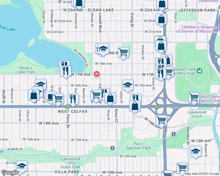 map of restaurants, bars, coffee shops, grocery stores, and more near 1593 King Street in Denver