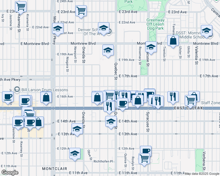map of restaurants, bars, coffee shops, grocery stores, and more near 1648 Poplar Street in Denver
